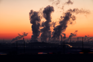 Steam rising from a plant against the sunrise