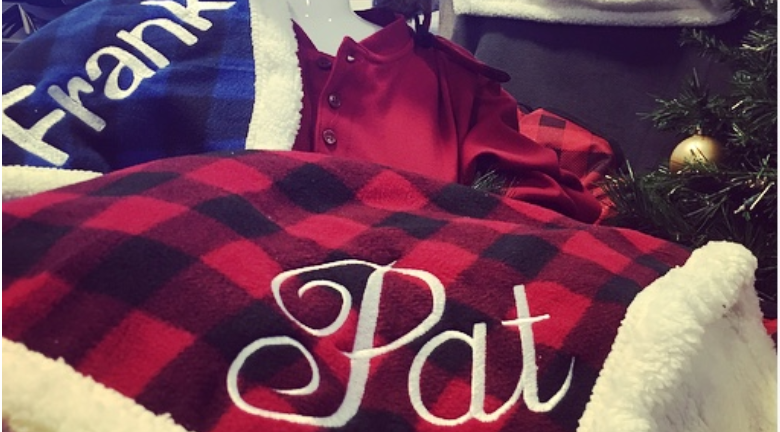 Red an blue lumberjack throw blankets with personalized embroidery