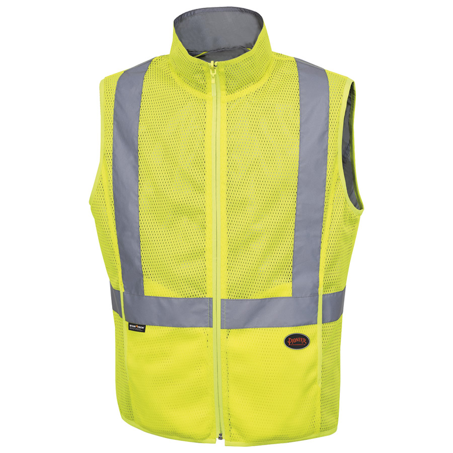 reversible high visibility slim fit vest with high visibility striping