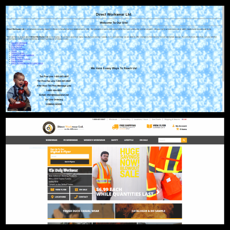 Old Direct Workwear Ltd. Web page, compared with current website
