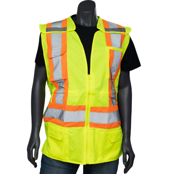 Hi-Viz Contoured Two-Tone Surveyor's Vest with Solid Front and Mesh Back